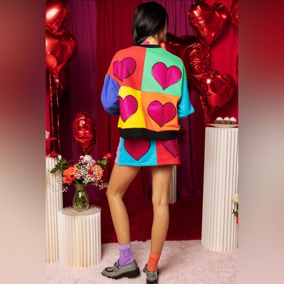 New! QUEEN OF SPARKLES Color Block Rhinestone Heart Skort - Picture 6 of 11